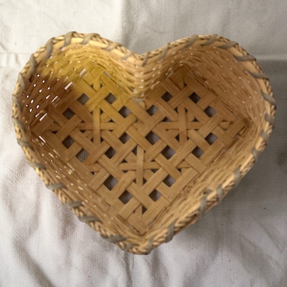 Vintage 1990 Handwoven Heart Basket Signed J.E.M. Primitive Decor Storage
